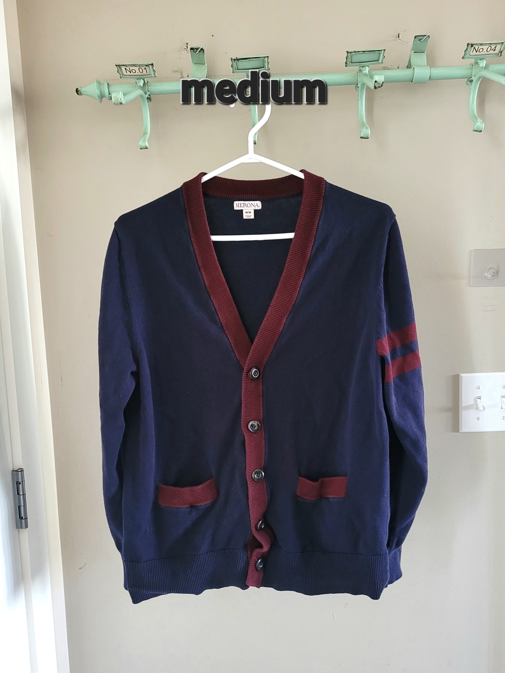 Merona Navy Cardigan with Burgundy Trim
